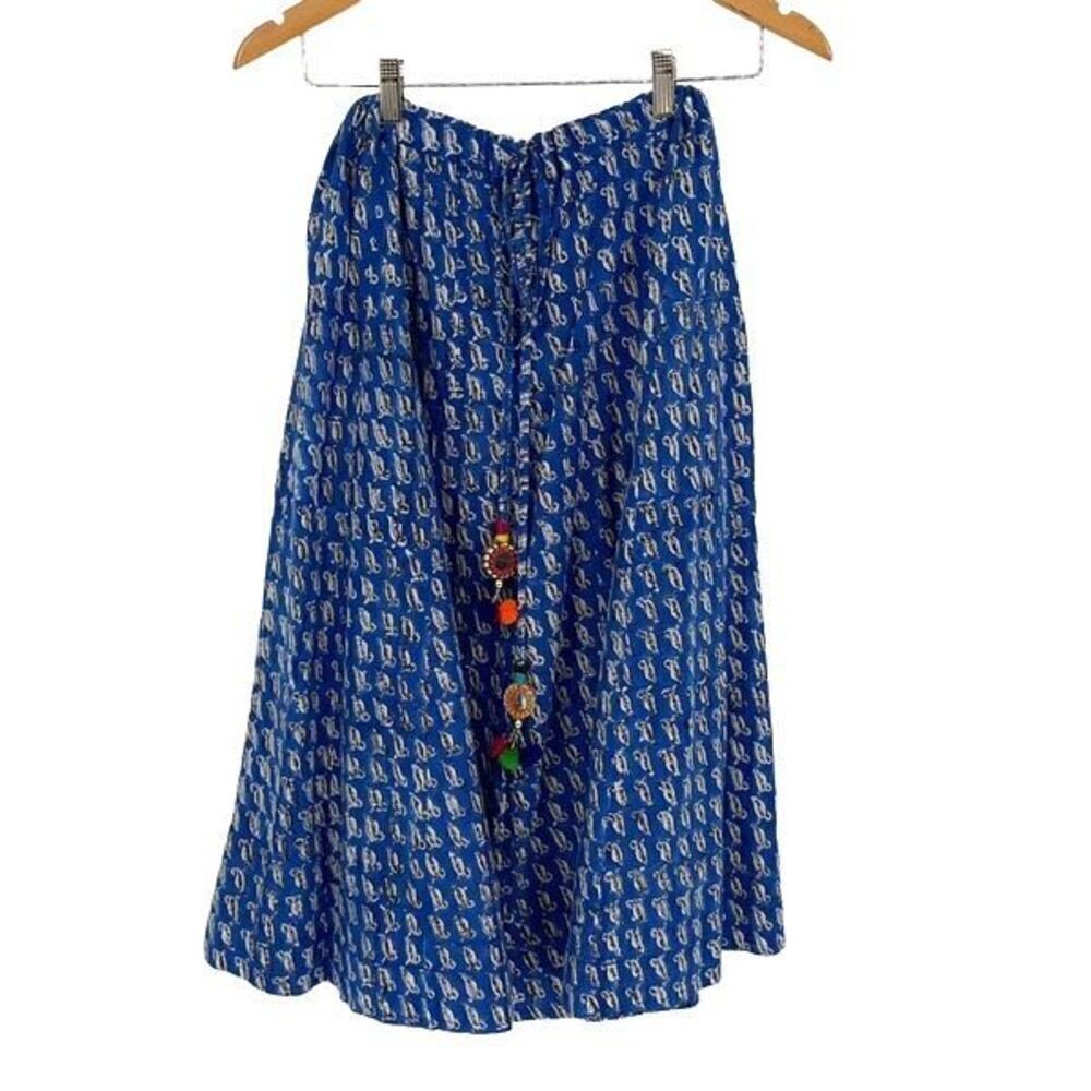 Unbranded Womens Bohemian Mirror Indian Pompom Tie Waist Flared Skirt Blue Small